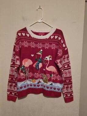 Blizzard Bay Knit Flamingo Christmas Holiday Ugly Sweater Red Women M